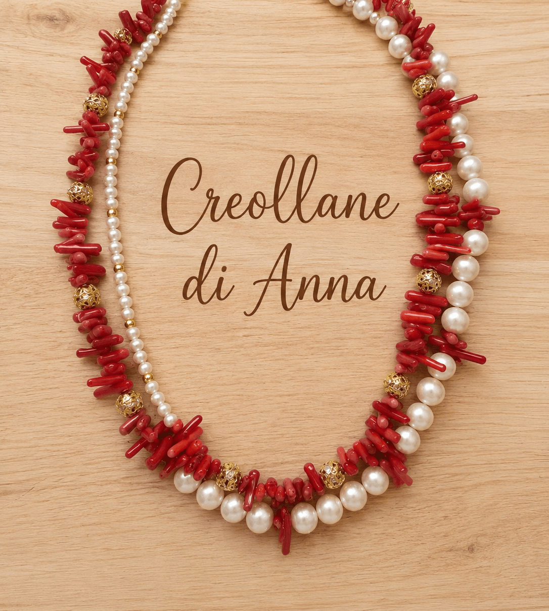 Collane Collana Girocollo Doppio Filo Artigianale Handmade | Perle di Maiorca, Corallo Bambù Rosso e Cristalli Oro | Made in Italy - Handmade Made in Italy