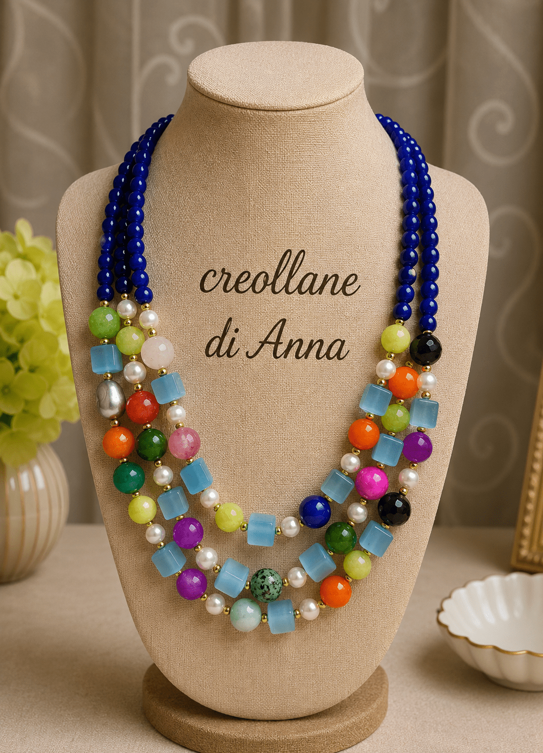 Collane Collana Girocollo Multifilo Artigianale Handmade | Agata, Giada Multicolore e Occhio di Gatto | Made in Italy - Handmade Made in Italy