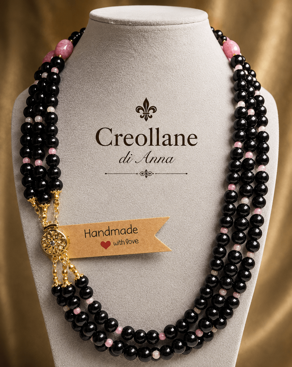 Collane Collana Girocollo Multifilo Artigianale Handmade | Onice Nero, Quarzo Rosa e Quarzo Fragola con Zirconi | Made in Italy - Handmade Made in Italy