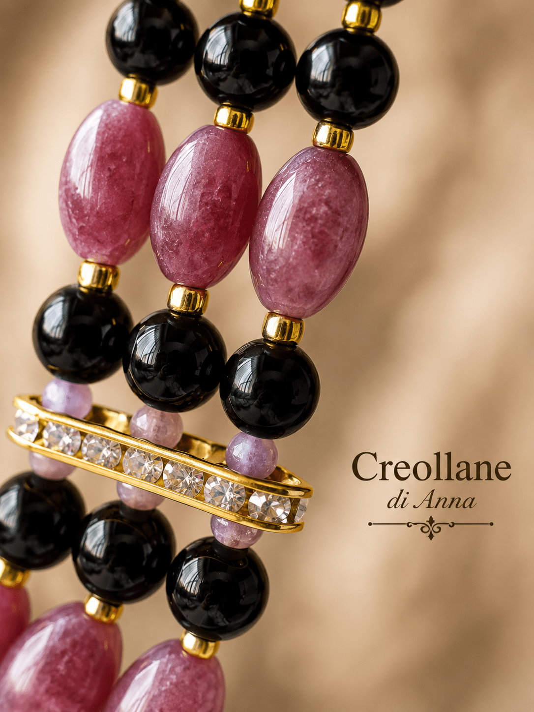 Collane Collana Girocollo Multifilo Artigianale Handmade | Onice Nero, Quarzo Rosa e Quarzo Fragola con Zirconi | Made in Italy - Handmade Made in Italy