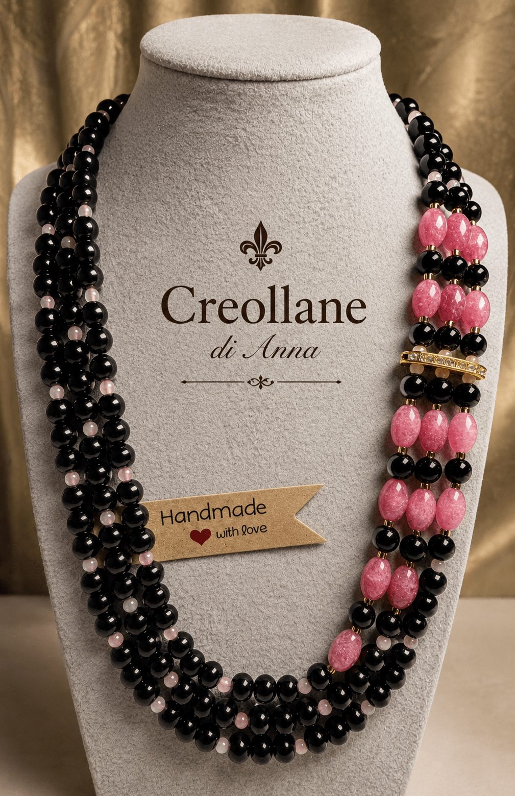 Collane Collana Girocollo Multifilo Artigianale Handmade | Onice Nero, Quarzo Rosa e Quarzo Fragola con Zirconi | Made in Italy - Handmade Made in Italy