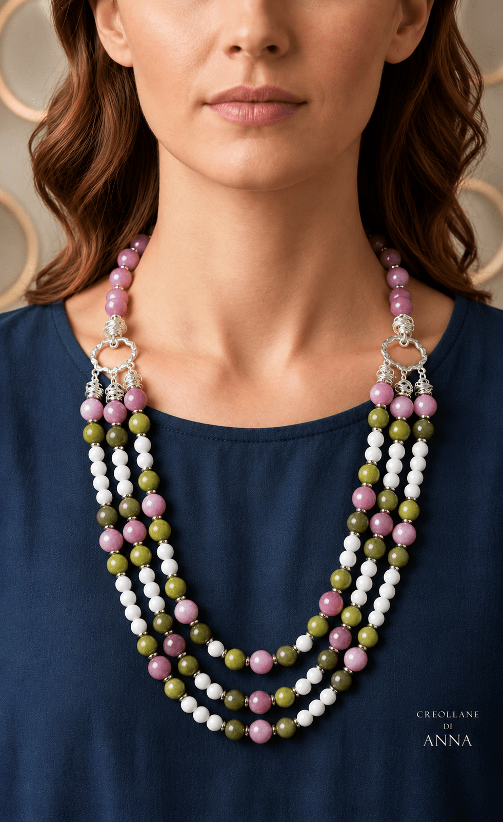 Collane Collana Girocollo Multifilo Artigianale Handmade | Quarzo Rosa, Opale e Serpentino | Made in Italy - Handmade Made in Italy