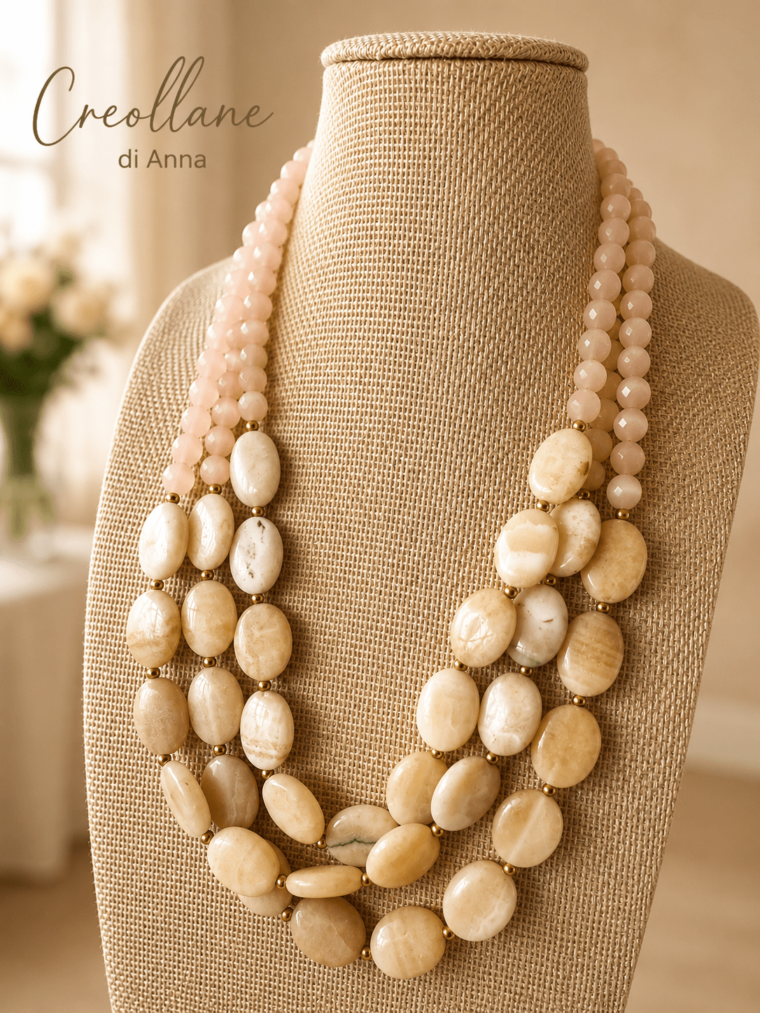 Collane Collana Girocollo Multifilo in Opale Naturale e Pietra di Luna | Beige, Avorio | Made in Italy - Handmade Made in Italy