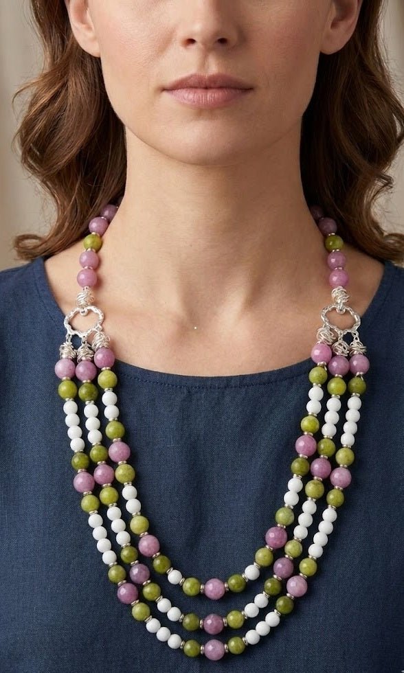 Collane Collana Girocollo Multifilo in Quarzo Rosa, Opale e Serpentino | Handmade Italia - Handmade Made in Italy