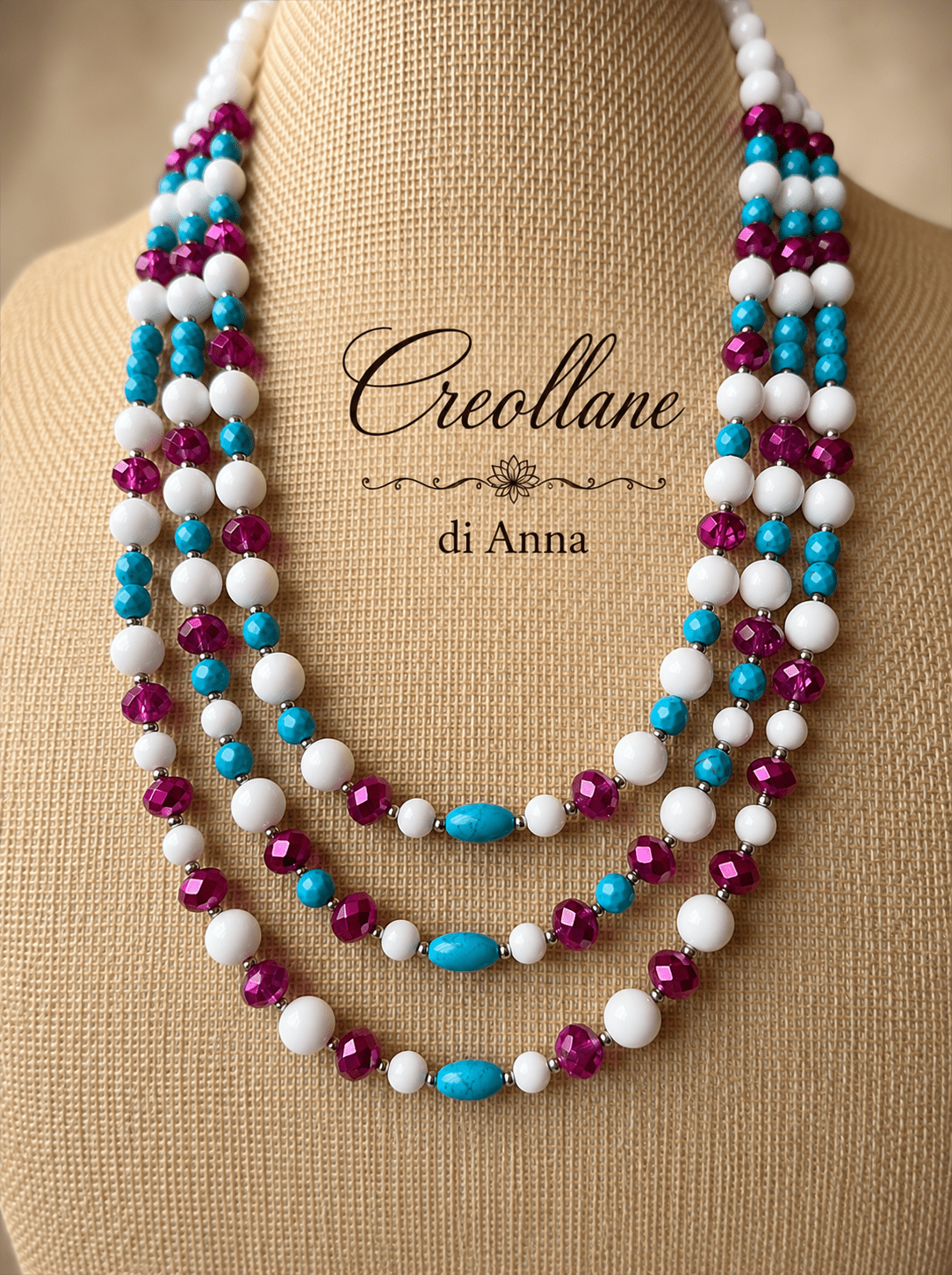 Collane Collana Girocollo Multistrato Artigianale Handmade | Turchinite, Magnesite e Cristalli Fucsia | Made in Italy - Handmade Made in Italy