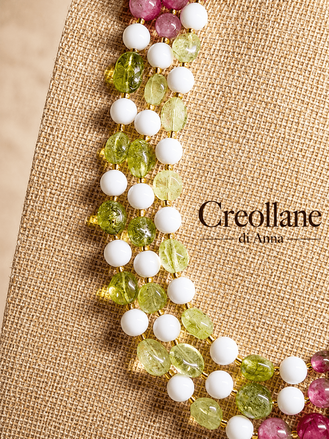 Collane Collana Girocollo Tre Fili Artigianale Handmade | Agata Rosa/Verde, Opale Bianco e Peridoto | Made in Italy - Handmade Made in Italy