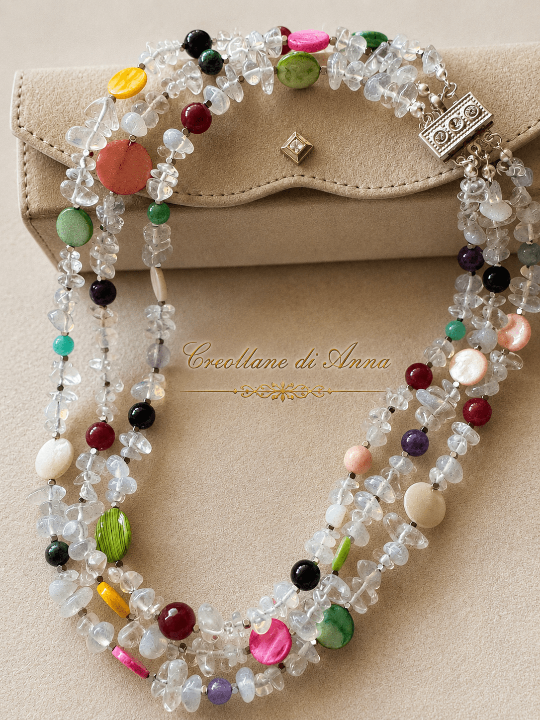 Collane Collana Girocollo Tre Fili Artigianale Handmade | Opalite, Pietre Naturali e Madreperla Multicolore | Made in Italy - Handmade Made in Italy