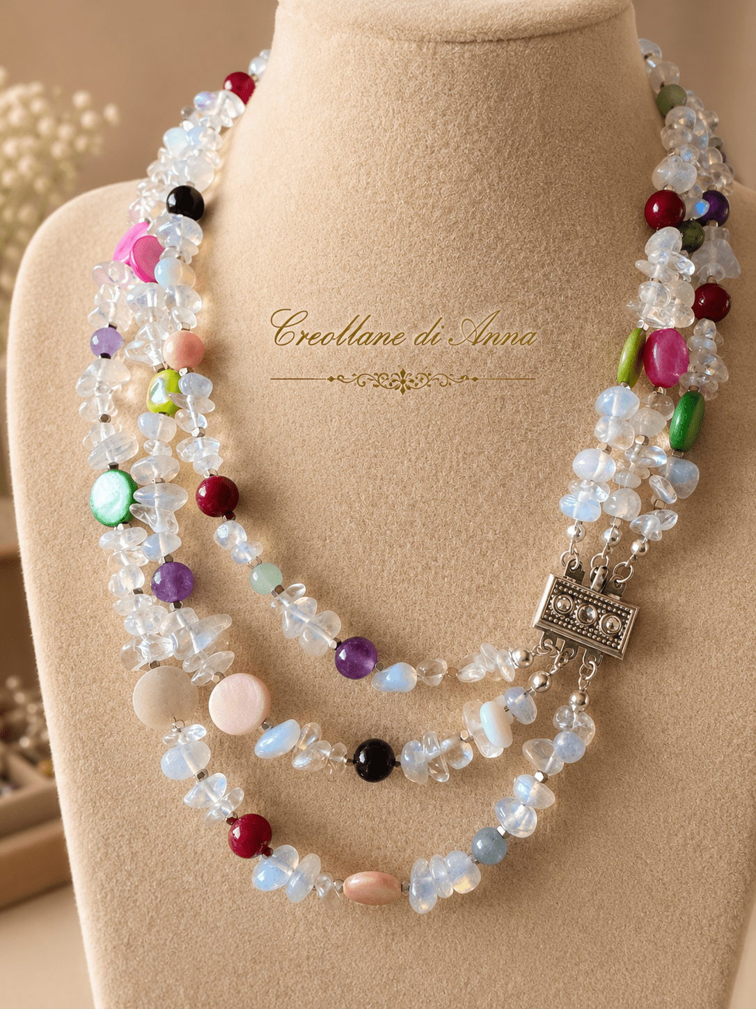 Collane Collana Girocollo Tre Fili Artigianale Handmade | Opalite, Pietre Naturali e Madreperla Multicolore | Made in Italy - Handmade Made in Italy