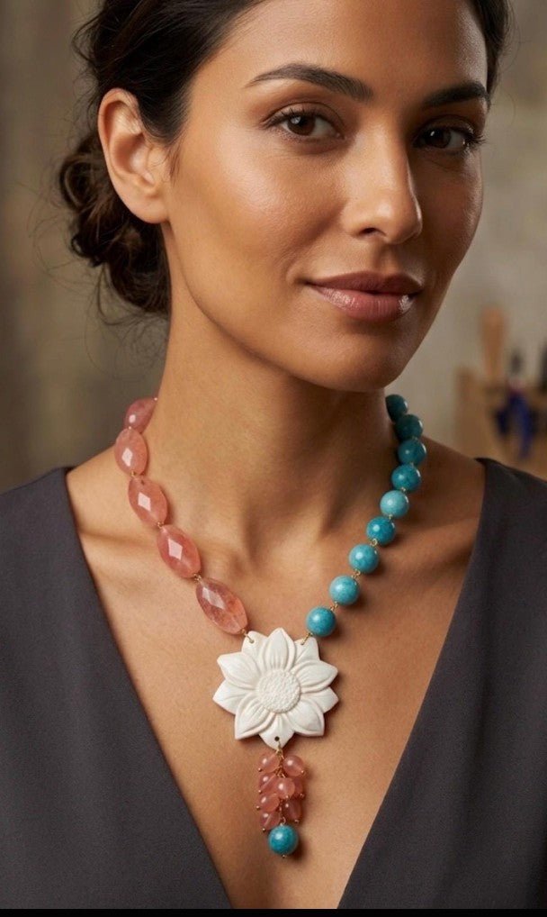 Collane Collana Lunga Artigianale Handmade | Quarzo Ciliegia, Amazzonite, Occhio di Gatto e Cameo su Conchiglia | Made in Italy - Handmade Made in Italy
