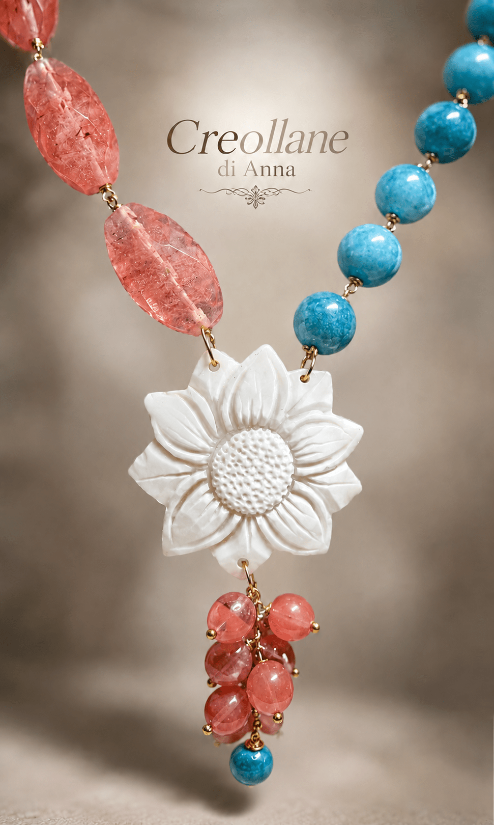 Collane Collana Lunga Artigianale Handmade | Quarzo Ciliegia, Amazzonite, Occhio di Gatto e Cameo su Conchiglia | Made in Italy - Handmade Made in Italy