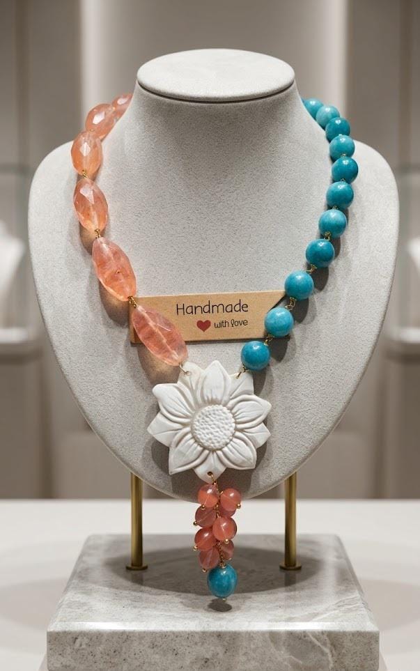 Collane Collana lunga con pendente in quarzo rosa, amazzonite e cameo | Handmade Italia - Handmade Made in Italy