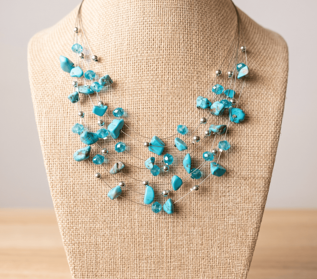 Collane Collana Multifilo Artigianale Handmade | Acciaio, Chips di Pasta di Turchese e Cristalli | Made in Italy - Handmade Made in Italy