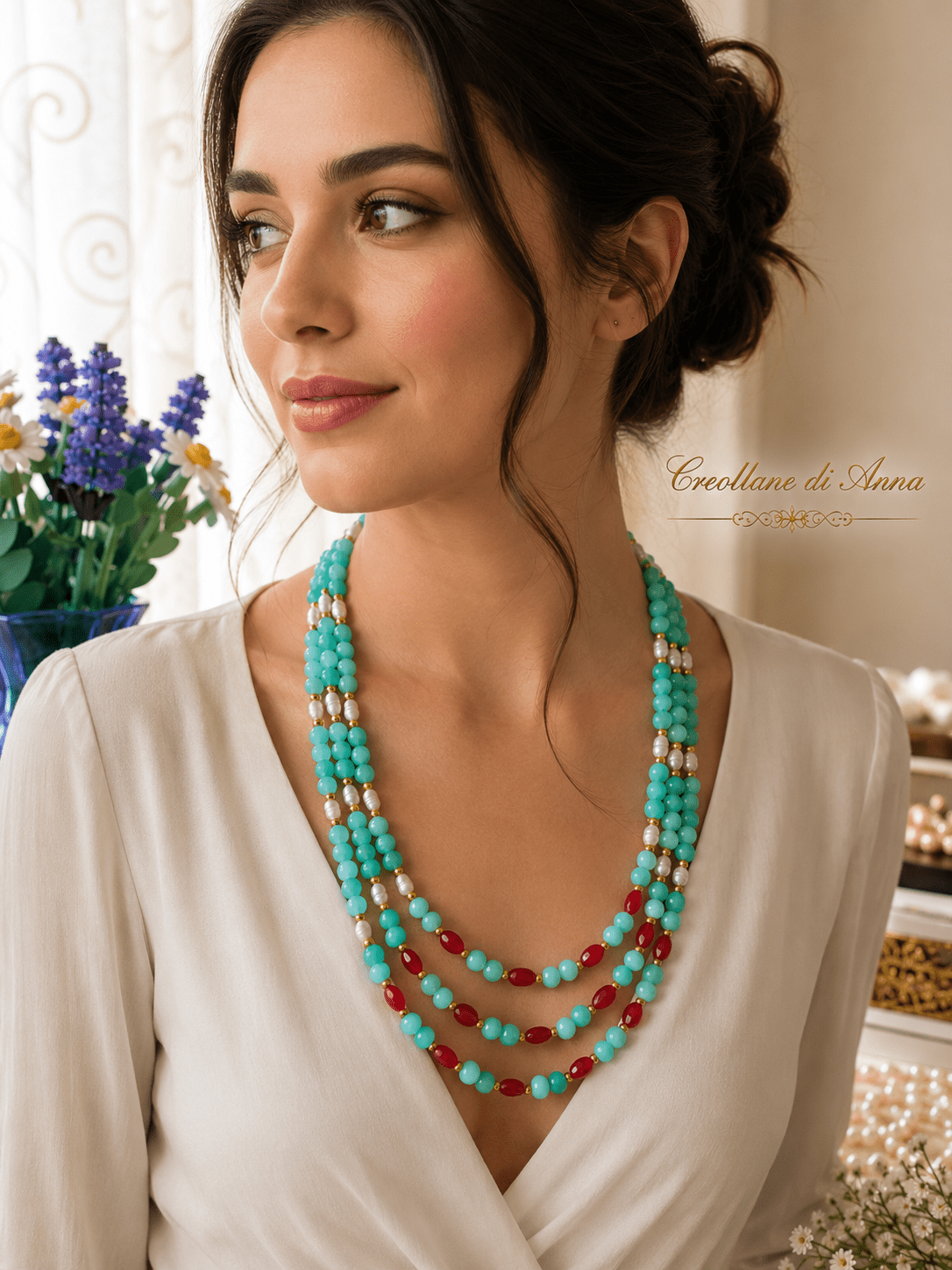Collane Collana Multifilo Artigianale Handmade | Crisoprasio, Radice di Rubino, Occhio di Gatto e Perle di Fiume | Made in Italy - Handmade Made in Italy