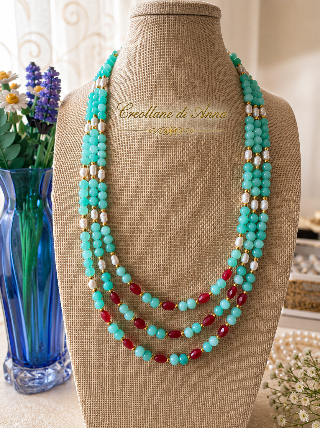 Collane Collana Multifilo Artigianale Handmade | Crisoprasio, Radice di Rubino, Occhio di Gatto e Perle di Fiume | Made in Italy - Handmade Made in Italy
