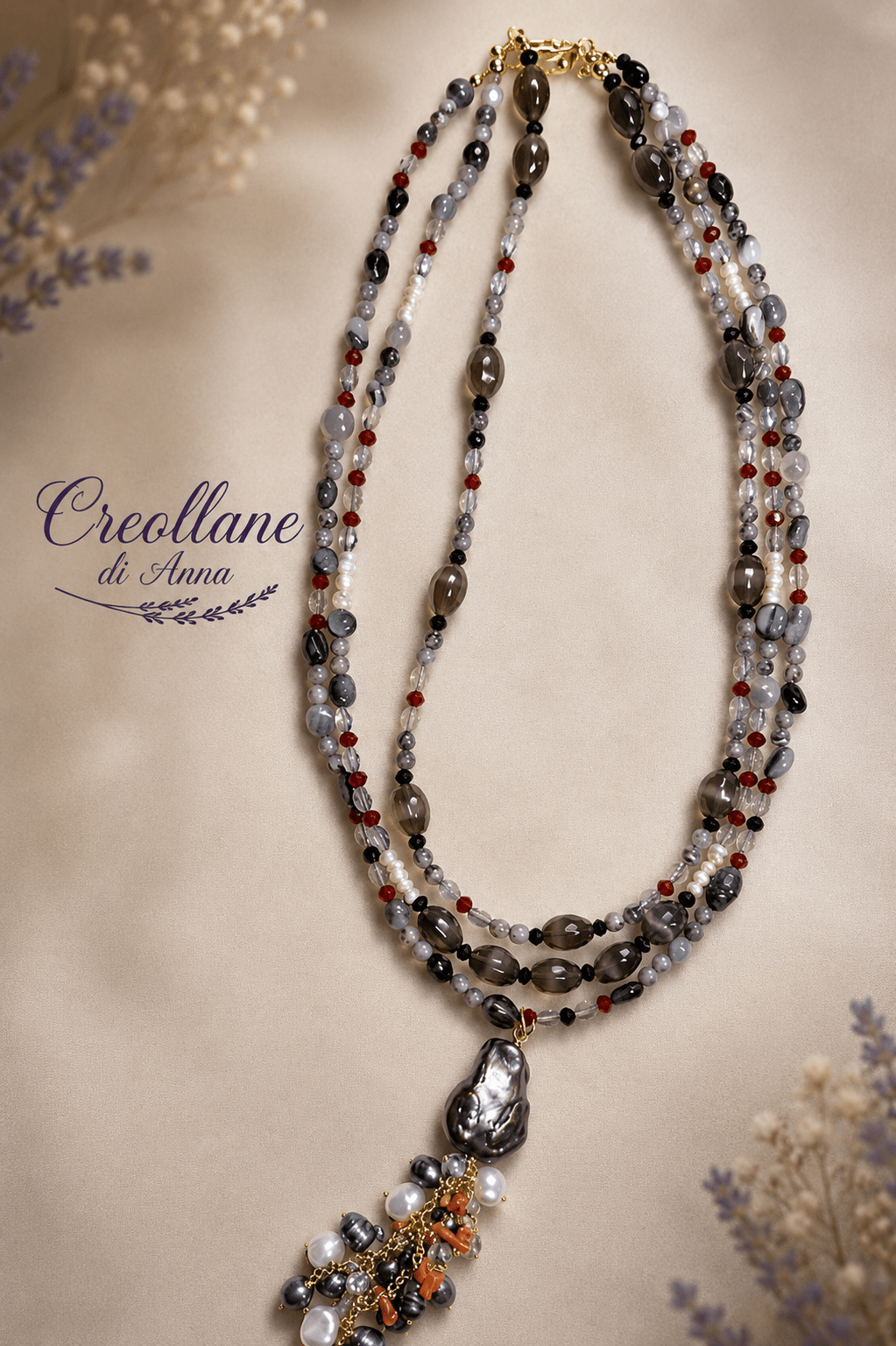Collane Collana Multifilo Artigianale Handmade | Diaspro Picasso, Perle Naturali, Cristalli ed Elemento Centrale in Perle e Pasta di Corallo | Made in Italy - Handmade Made in Italy