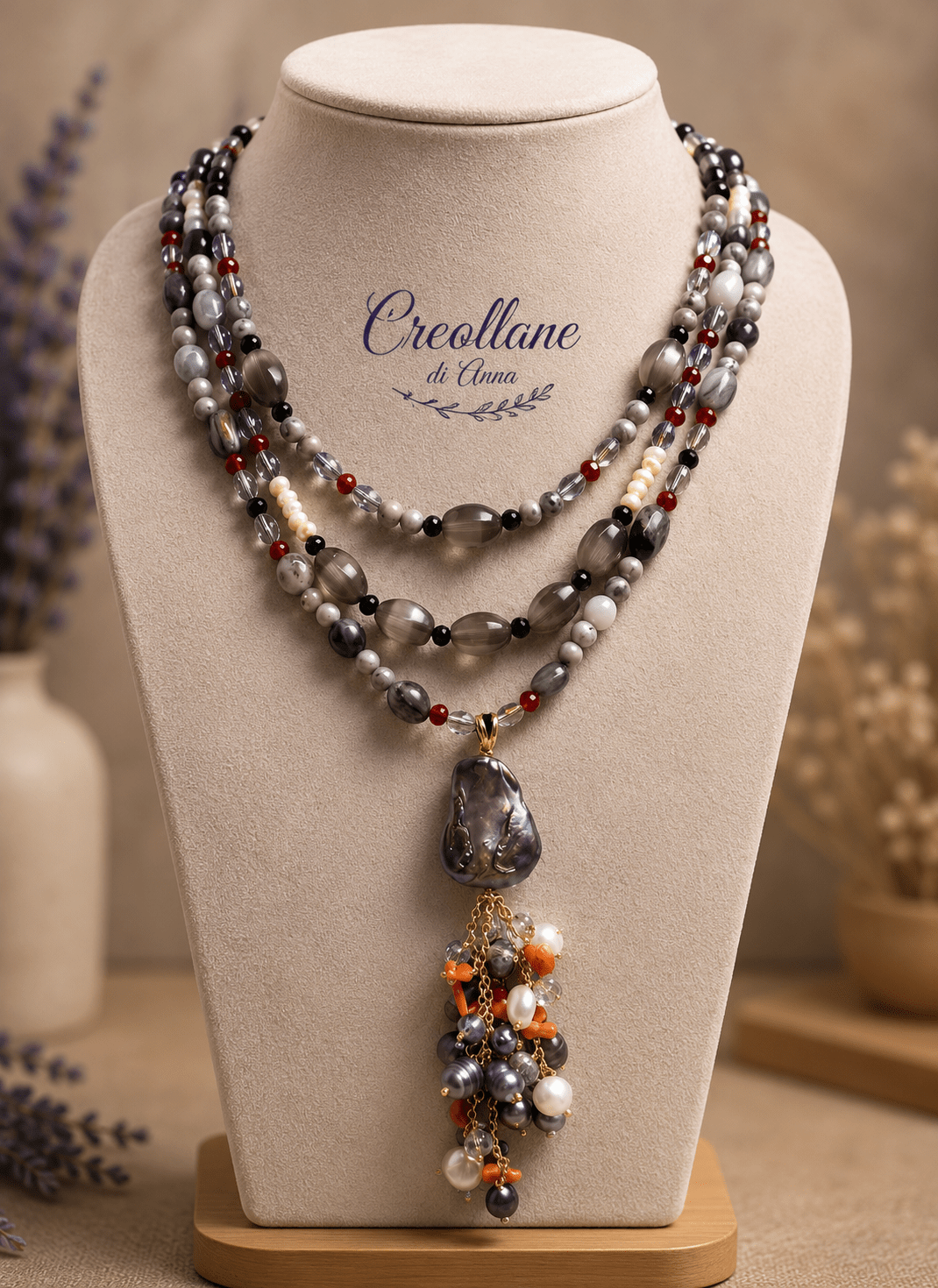Collane Collana Multifilo Artigianale Handmade | Diaspro Picasso, Perle Naturali, Cristalli ed Elemento Centrale in Perle e Pasta di Corallo | Made in Italy - Handmade Made in Italy