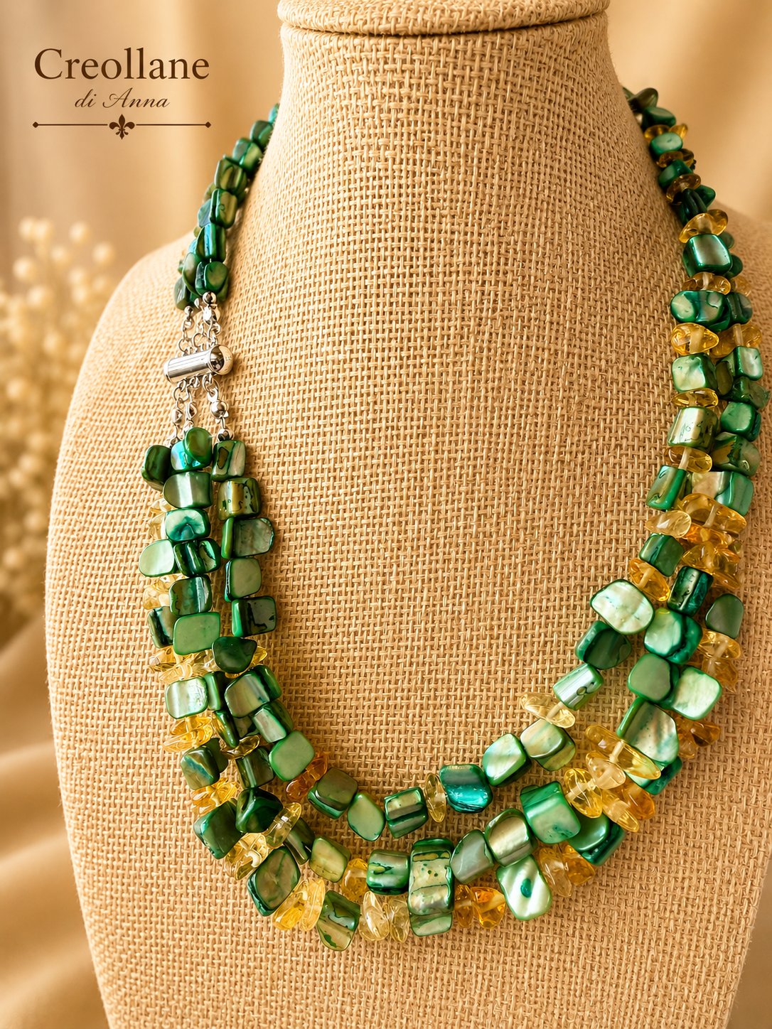 Collane Collana Multifilo Artigianale Handmade | Madreperla Verde e Quarzo Citrino a Chips | Made in Italy - Handmade Made in Italy
