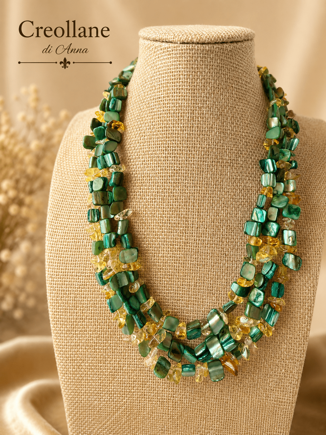 Collane Collana Multifilo Artigianale Handmade | Madreperla Verde e Quarzo Citrino a Chips | Made in Italy - Handmade Made in Italy