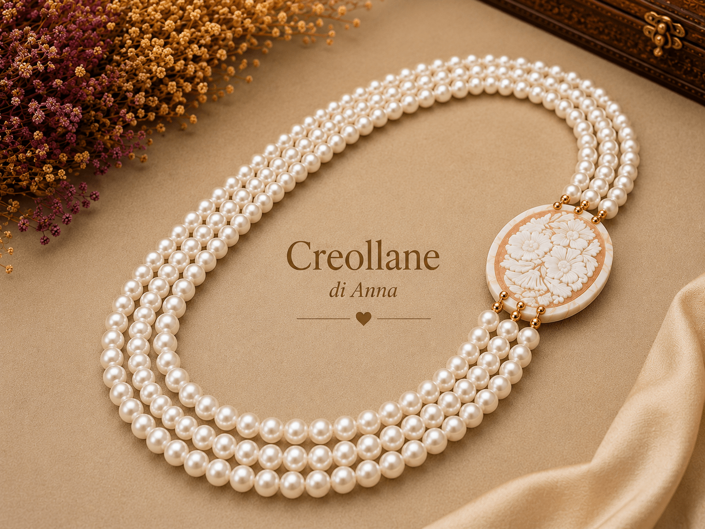Collane Collana Multifilo Artigianale Handmade | Perle Maiorca Bianche 3 Fili e Cameo Floreale | Made in Italy - Handmade Made in Italy