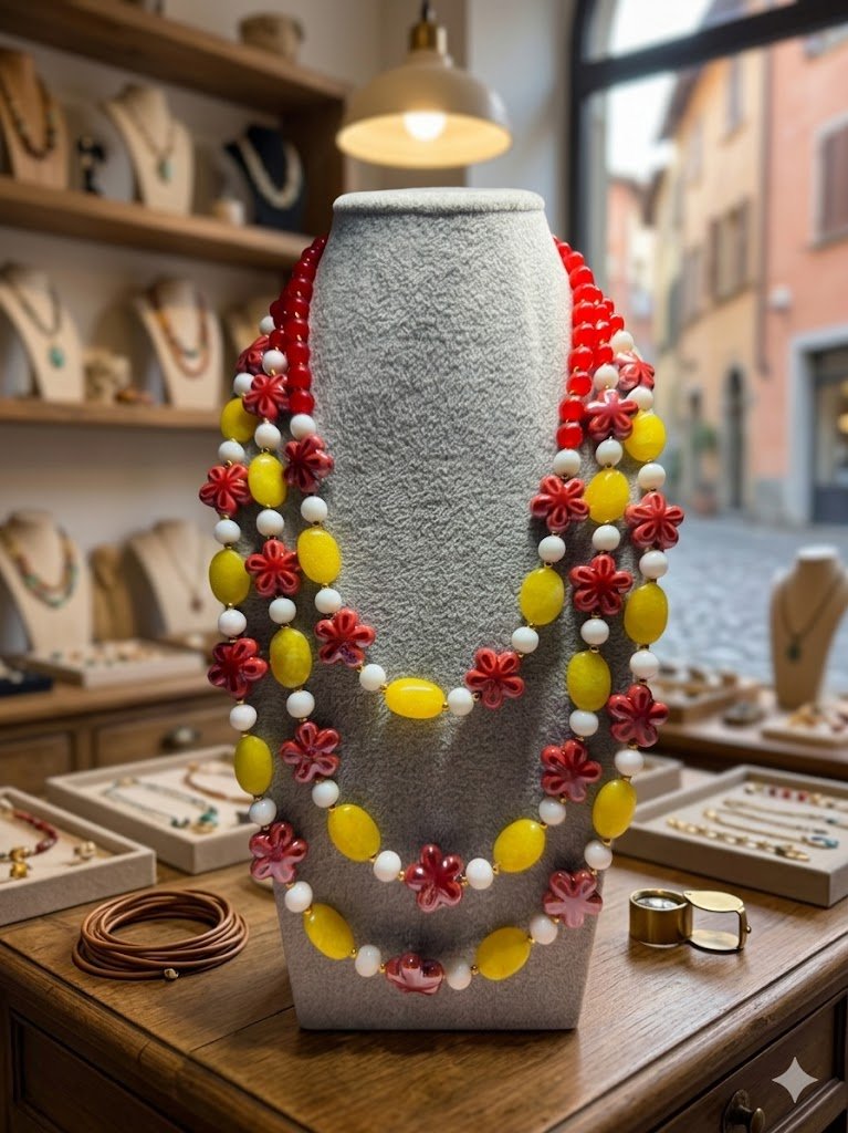 Collane Collana Multifilo in Giada, Agata e Inserti in Ceramica a Fiore | Handmade Italia - Handmade Made in Italy