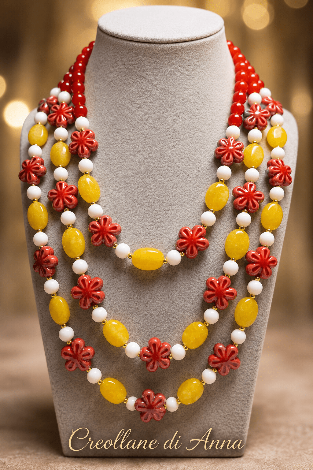 Collane Collana Multistrato Artigianale Handmade | Giada Gialla, Agata Bianca e Ceramica a Fiore | Made in Italy - Handmade Made in Italy