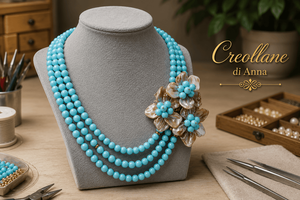 Collane Collana Tre Fili Artigianale Handmade | Pasta di Turchese, Perle Naturali e Madreperla | Made in Italy - Handmade Made in Italy