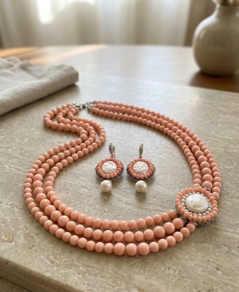 Collane Set Collana e Orecchini in Opale Rosa e Perla Naturale | Handmade Italia - Handmade Made in Italy