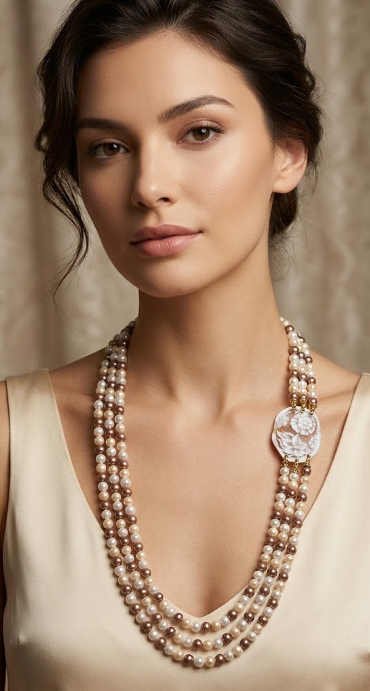 Collana Multifilo Artigianale Handmade | Perle di Maiorca e Cameo su Conchiglia | Made in Italy