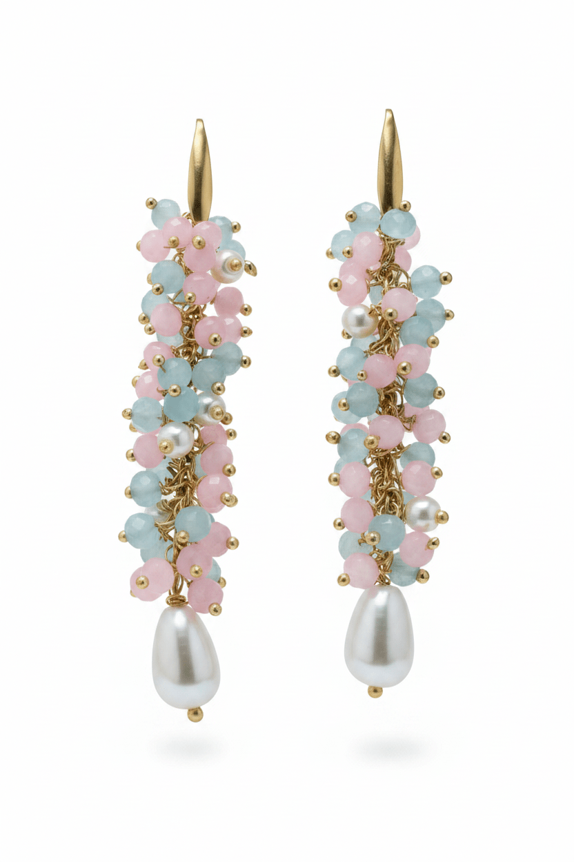 Orecchini Orecchini Pendenti Donna in Cristalli Celesti, Rosa e Perle di Fiume | Handmade Italia - Handmade Made in Italy