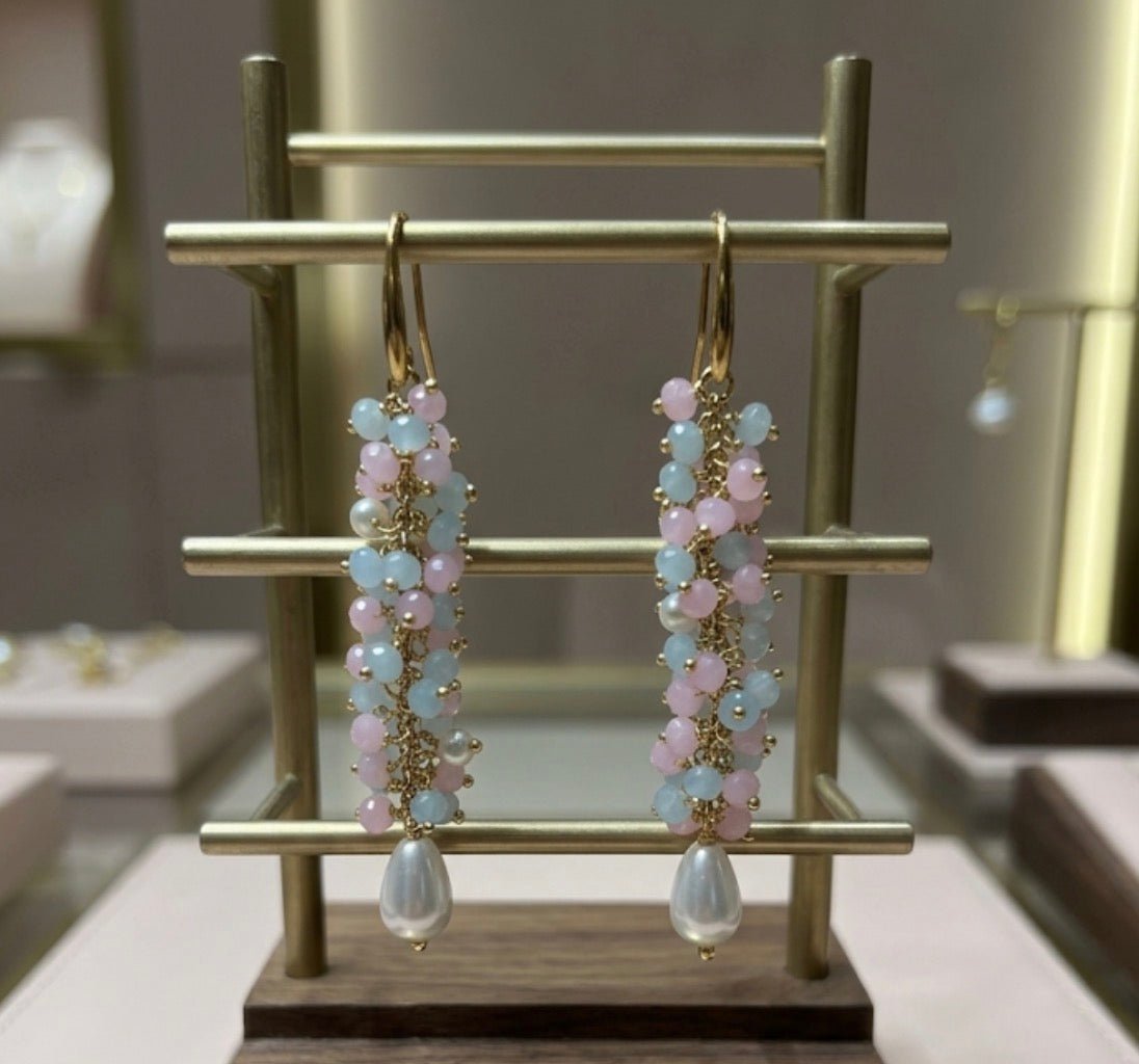 Orecchini Orecchini Pendenti Donna in Cristalli Celesti, Rosa e Perle di Fiume | Handmade Italia - Handmade Made in Italy