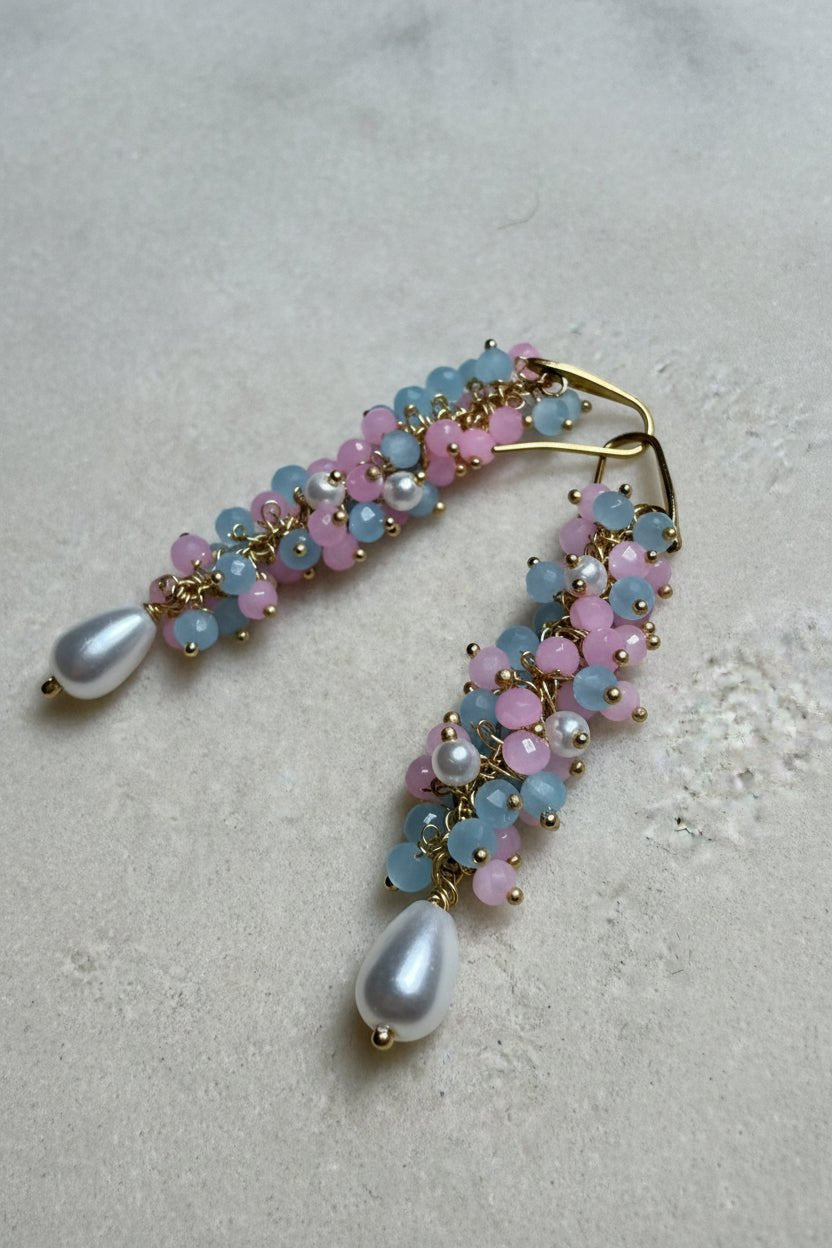 Orecchini Orecchini Pendenti Donna in Cristalli Celesti, Rosa e Perle di Fiume | Handmade Italia - Handmade Made in Italy