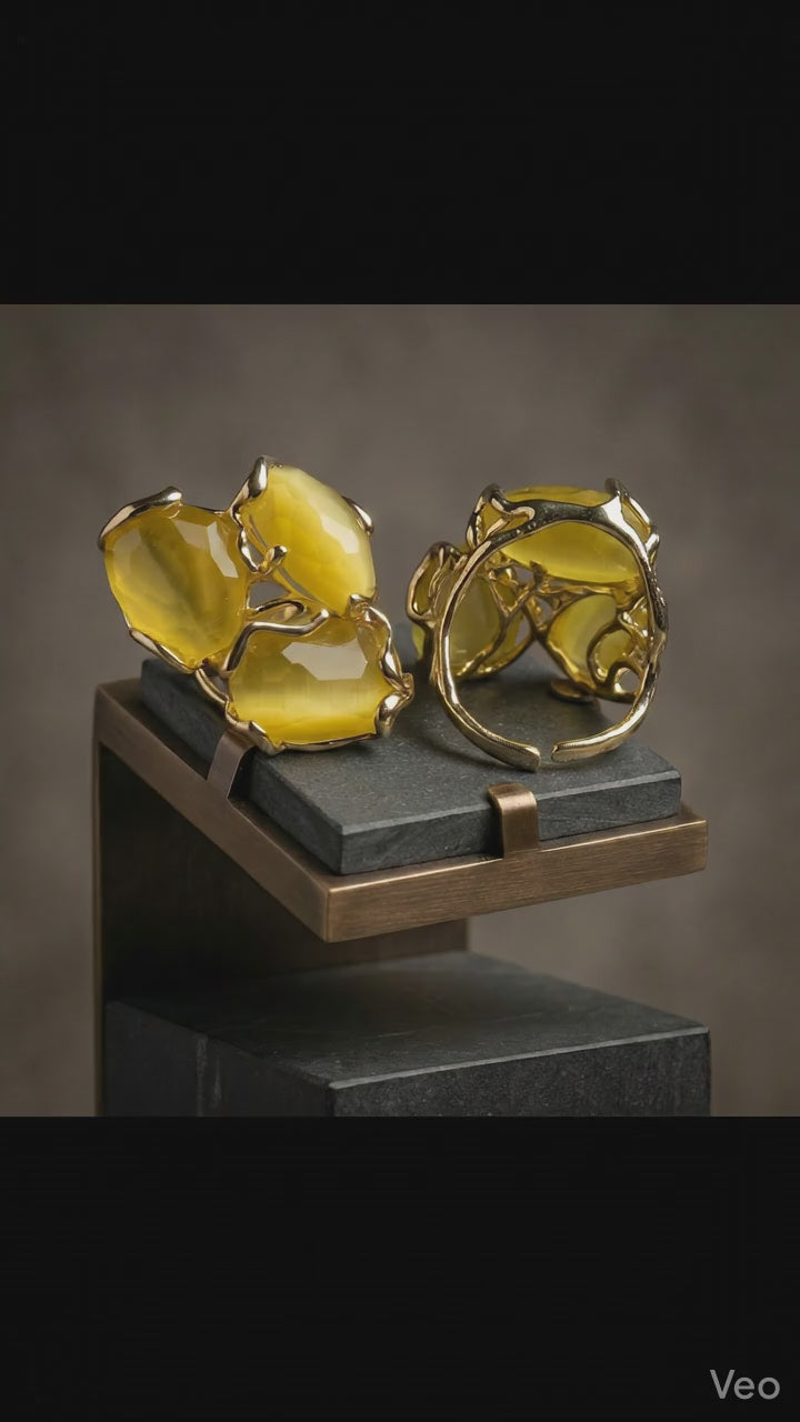 Anello Regolabile in Bronzo Dorato con Occhio di Gatto Giallo | Handmade Italia